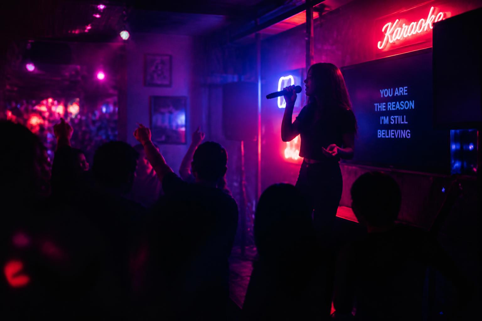 Interior del Afro Bar con luces neón mientras alguien canta karaoke